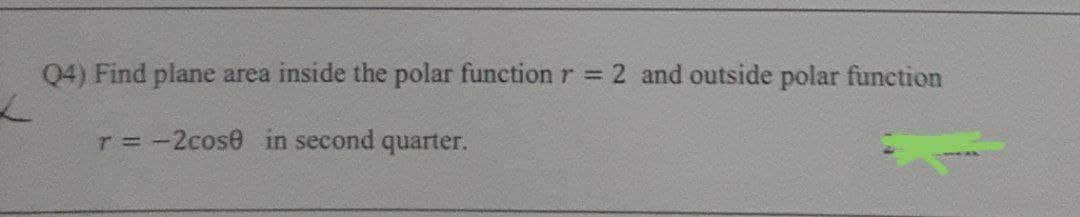 Q4) Find plane area inside the polar function r = 2 and outside polar function
r= -2cose in second quarter.

