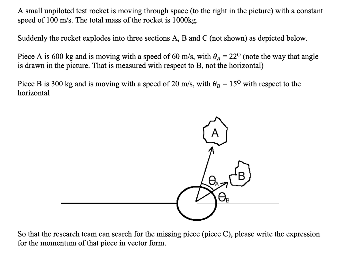A small unpiloted test rocket is moving through space (to the right in the picture) with a constant
speed of 100 m/s. The total mass of the rocket is 1000kg.
Suddenly the rocket explodes into three sections A, B and C (not shown) as depicted below.
Piece A is 600 kg and is moving with a speed of 60 m/s, with 0A = 22° (note the way that angle
is drawn in the picture. That is measured with respect to B, not the horizontal)
Piece B is 300 kg and is moving with a speed of 20 m/s, with 0g = 15° with respect to the
horizontal
А
'B
So that the research team can search for the missing piece (piece C), please write the expression
for the momentum of that piece in vector form.
