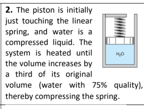 2. The piston is initially
just touching the linear
spring, and water is a
compressed liquid. The
system is heated until
H₂O
the volume increases by
a third of its original
volume (water with 75% quality),
thereby compressing the spring.