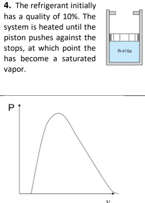 4. The refrigerant initially
has a quality of 10%. The
system is heated until the
piston pushes against the
stops, at which point the
has become a saturated
vapor.
Pt
V2
R-410a