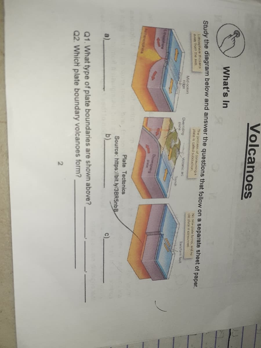 Volcanoes
What's In
Study the diagram below and answer the questions that follow on a separate sheet of paper.
The process of consummg a
plate is called subduction,
Lithosphere thickens
away from the axis
No new piate forms, and no
old plate is consumed
Fransform fault
Mid ocean
rickge
Volcanic arç
Overriding
plate
Trench
Lhosphore
Downgong
plate
Asthenosphete
Plate Tectonics
Source: https://bit.ly/3BR5nbB
b)
a)
Q1. What type of plate boundaries are shown above?
Q2. Which plate boundary volcanoes form?
2.
