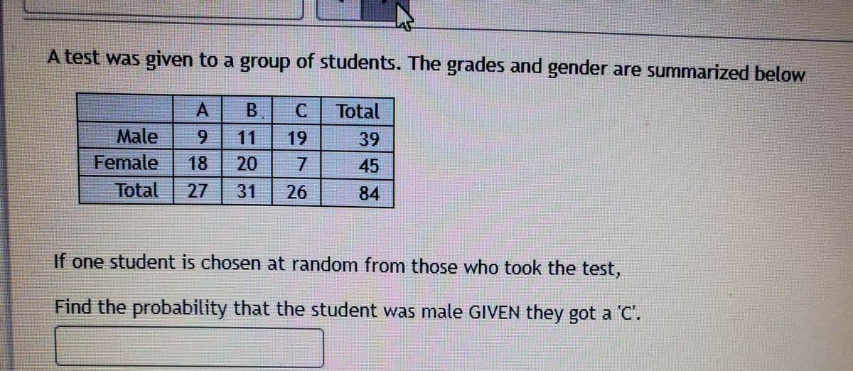 A test was given to a group of students. The grades and gender are summarized below
A.
C.
Total
Male
6.
Female
11
19
39
18
20
Total
27
31
26
84
If one student is chosen at random from those who took the test,
Find the probability that the student was male GIVEN they got a 'C'.
45
