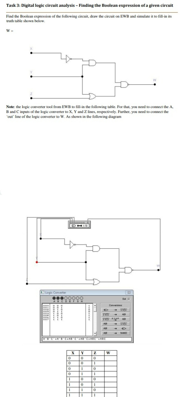 Task 3: Digital logic circuit analysis - Finding the Boolean expression of a given circuit
Find the Boolean expression of the following circuit, draw the circuit on EWB and simulate it to fill-in its
truth table shown below.
W =
Note: the logic converter tool from EWB to fill-in the following table. For that, you need to connect the A,
B and C inputs of the logic converter to X, Y and Z lines, respectively. Further, you need to connect the
"out' line of the logic converter to W. As shown in the following diagram
EDHAIB
Logic Converter
000000O00
ABCDEFGH
Conversions
1OT AB
+ 10E
+ NAND
AB C'+A B'C+AB C+AB C+ABC+ABC
X
