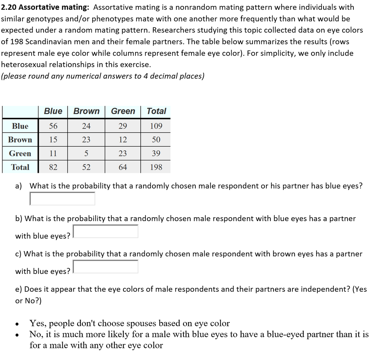 2.20 Assortative mating: Assortative mating is a nonrandom mating pattern where individuals with
similar genotypes and/or phenotypes mate with one another more frequently than what would be
expected under a random mating pattern. Researchers studying this topic collected data on eye colors
of 198 Scandinavian men and their female partners. The table below summarizes the results (rows
represent male eye color while columns represent female eye color). For simplicity, we only include
heterosexual relationships in this exercise.
(please round any numerical answers to 4 decimal places)
Blue
Brown
Green
Total
Blue
56
24
29
109
Brown
15
23
12
50
Green
11
23
39
Total
82
52
64
198
a) What is the probability that a randomly chosen male respondent or his partner has blue eyes?
b) What is the probability that a randomly chosen male respondent with blue eyes has a partner
with blue eyes?
c) What is the probability that a randomly chosen male respondent with brown eyes has a partner
with blue eyes?
e) Does it appear that the eye colors of male respondents and their partners are independent? (Yes
or No?)
Yes, people don't choose spouses based on eye color
No, it is much more likely for a male with blue eyes to have a blue-eyed partner than it is
for a male with any other eye color
