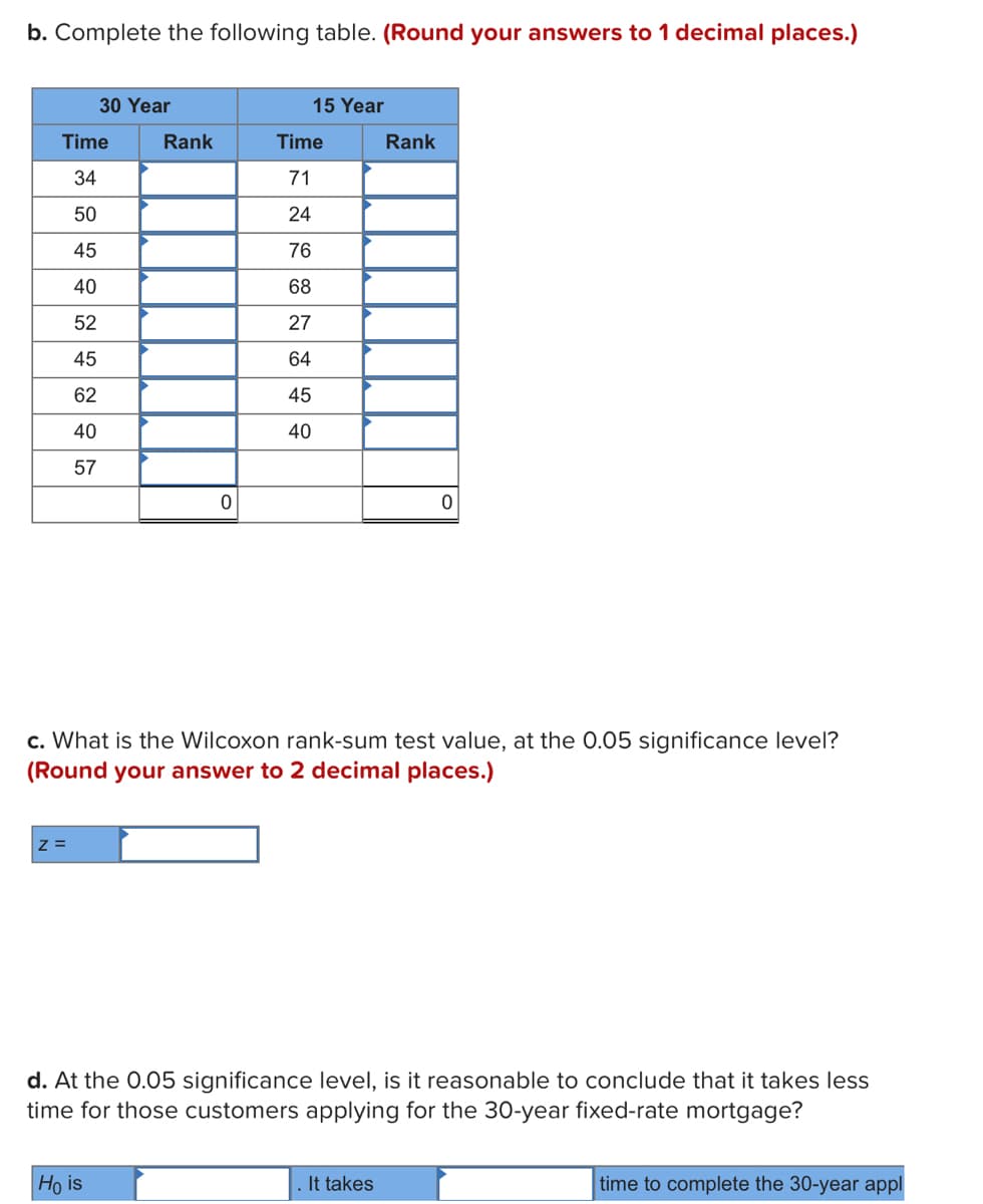 b. Complete the following table. (Round your answers to 1 decimal places.)
30 Year
15 Year
Time
Rank
Time
Rank
34
71
50
24
45
76
40
68
52
27
45
64
62
45
40
40
57
c. What is the Wilcoxon rank-sum test value, at the 0.05 significance level?
(Round your answer to 2 decimal places.)
d. At the 0.05 significance level, is it reasonable to conclude that it takes less
time for those customers applying for the 30-year fixed-rate mortgage?
Ho is
It takes
time to complete the 30-year appl
