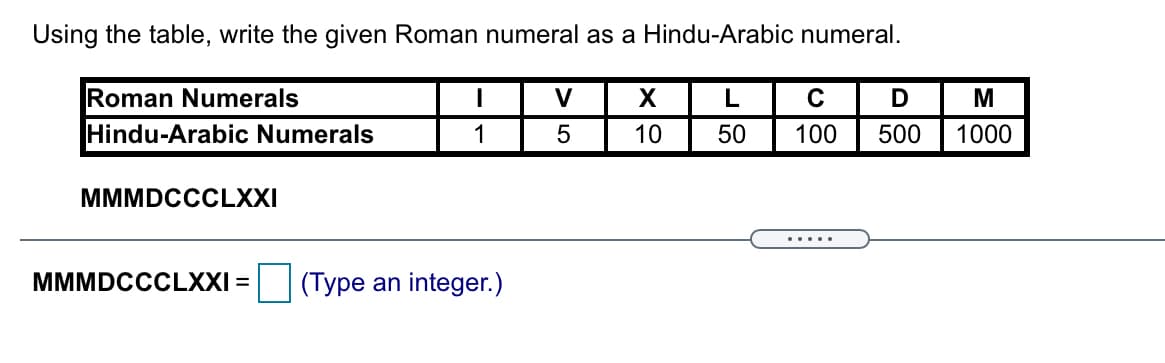 Using the table, write the given Roman numeral as a Hindu-Arabic numeral.
Roman Numerals
Hindu-Arabic Numerals
V
L
C
M
1
5
10
50
100
500
1000
MMMDCCCLXXI
.....
MMMDCCCLXXI =
O(Type an integer.)
