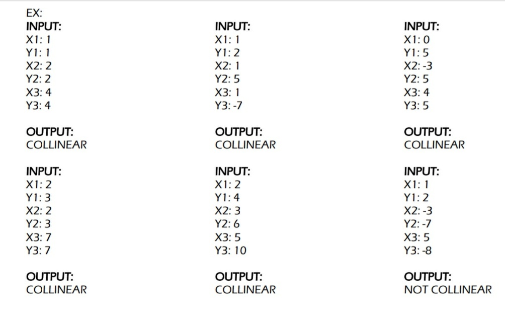 EX:
INPUT:
X1: 1
Y1: 1
INPUT:
INPUT:
X1: 0
X1: 1
Y1:2
Y1:5
X2: 2
X2: 1
X2: -3
Y2: 2
Y2: 5
Y2: 5
Х3: 4
Х3: 1
Х3: 4
Y3: 4
Y3: -7
Y3: 5
OUTPUT:
COLLINEAR
OUTPUT:
OUTPUT:
COLLINEAR
COLLINEAR
INPUT:
INPUT:
INPUT:
X1: 2
Y1: 3
X2: 2
Y2: 3
X1: 2
X1: 1
Y1:4
Y1:2
X2: 3
X2: -3
Y2: 6
Y2: -7
Х3: 7
Y3: 7
Х3: 5
Х3: 5
Y3: 10
Y3: -8
OUTPUT:
OUTPUT:
OUTPUT:
COLLINEAR
COLLINEAR
NOT COLLINEAR
