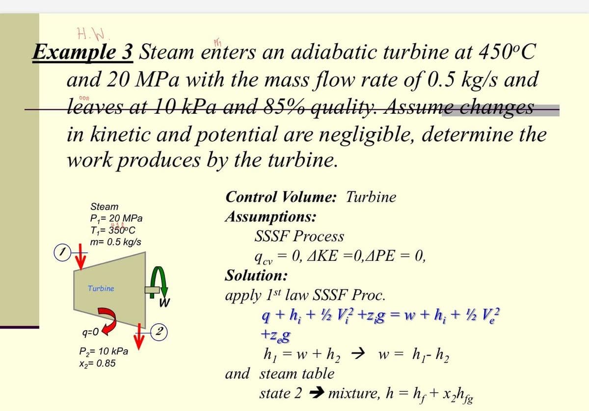 H.W
Example 3 Steam enters an adiabatic turbine at 450°C
and 20 MPa with the mass flow rate of 0.5 kg/s and
leaves at 10 kPa and 85% quality. Assume changes
in kinetic and potential are negligible, determine the
work produces by the turbine.
Steam
P₁ = 20 MPa
450
T₁ = 350°C
m= 0.5 kg/s
Turbine
9=0
P₂ = 10 kPa
X2= 0.85
Control Volume: Turbine
Assumptions:
SSSF Process
9cv = 0, AKE =0,APE = 0,
CV
Solution:
apply 1st law SSSF Proc.
q+h+V+zg=w+ h; + ½ V²
+zeg
i
h₁ =w+h₂ → w = h₁- h₂
and steam table
2
state 2 → mixture, h = h₂+x₂hfg