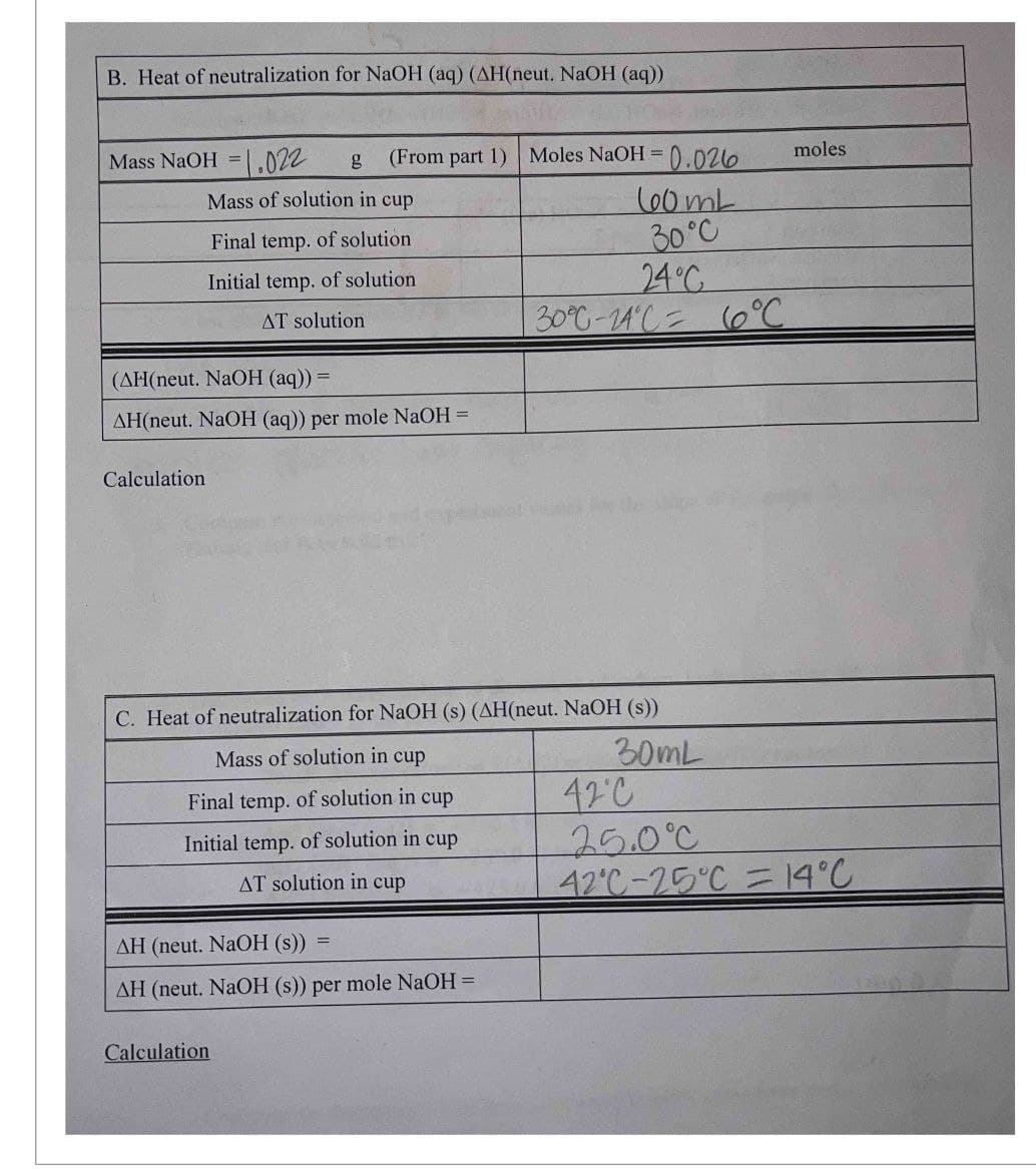 B. Heat of neutralization for NaOH (aq) (AH(neut. NaOH(aq))
Mass NaOH = 1.022 g (From part 1) Moles NaOH =
Mass of solution in cup
Final temp. of solution
Initial temp. of solution
AT solution.
(AH(neut. NaOH (aq)) =
=
AH(neut. NaOH (aq)) per mole NaOH =
Calculation
AH (neut. NaOH (s))
AH (neut. NaOH (s)) per mole NaOH =
= 0.026
600 mL
30°C
24°C
C. Heat of neutralization for NaOH (s) (AH(neut. NaOH (s))
Mass of solution in cup
30mL
Final temp. of solution in cup
Initial temp. of solution in cup
AT solution in cup
Calculation
=
30°C-24°C 6°℃
moles
420
25.0°C
42°C-25°C = 14°C