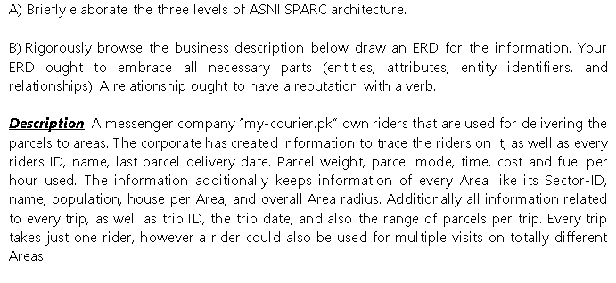 A) Briefly elaborate the three levels of ASNI SPARC architecture.
B) Rigorously browse the business description below draw an ERD for the information. Your
ERD ought to embrace all necessary parts (entities, attributes, entity identifiers, and
relationships). A relationship ought to have a reputation with a verb.
Description: A messenger company "my-courier.pk" own riders that are used for delivering the
parcels to areas. The corporate has created information to trace the riders on it, as well as every
riders ID, name, last parcel delivery date. Parcel weight, parcel mode, time, cost and fuel per
hour used. The information additionally keeps information of every Area like its Sector-ID,
name, population, house per Area, and overall Area radius. Additionally all information related
to every trip, as well as trip ID, the trip date, and also the range of parcels per trip. Every trip
takes just one rider, however a rider could also be used for multiple visits on totally different
Areas.
