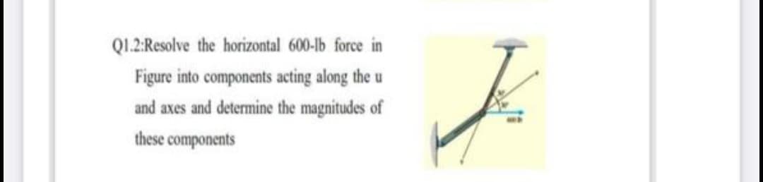 Q1.2:Resolve the horizontal 600-1b force in
Figure into components acting along the u
and axes and determine the magnitudes of
these components
