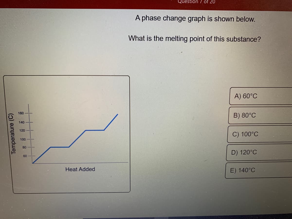 Question 7 of 20
A phase change graph is shown below.
What is the melting point of this substance?
A) 60°C
160
B) 80°C
140
120
C) 100°C
100
80
D) 120°C
60
Heat Added
E) 140°C
Temperature (C)
