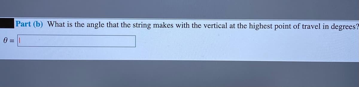 Part (b) What is the angle that the string makes with the vertical at the highest point of travel in degrees?
