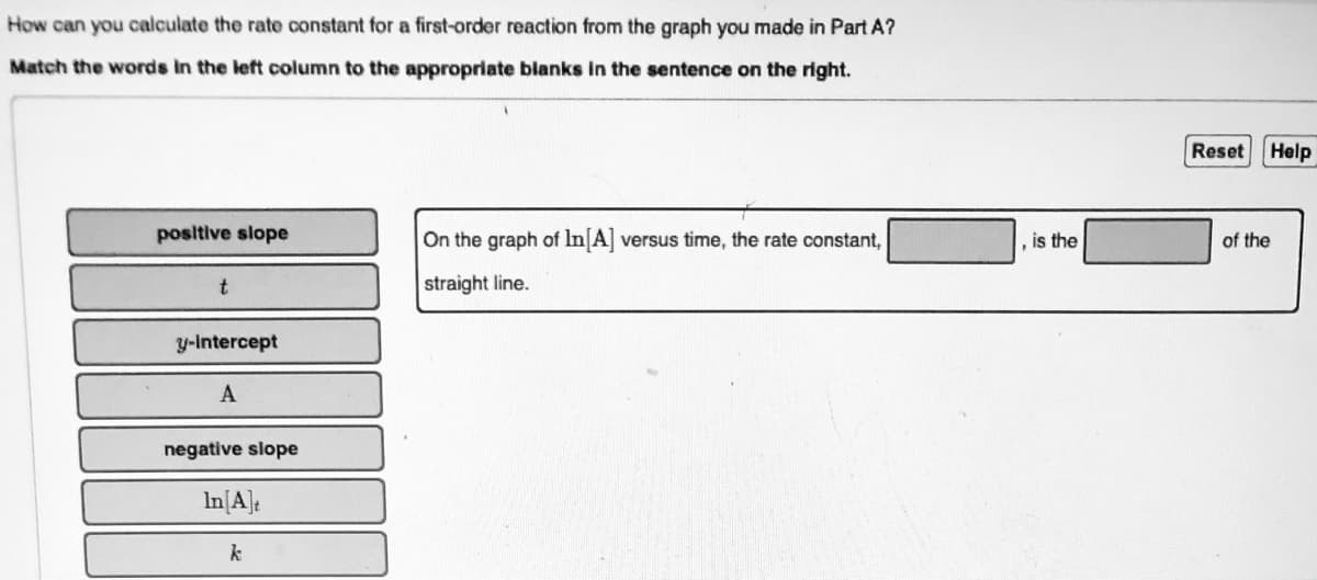 ### Calculating the Rate Constant for a First-Order Reaction

To determine the rate constant for a first-order reaction from a graph, you can use the following methodology:

#### Instructions

1. **Graph Plotting**:
   - Plot the natural logarithm of the concentration of reactant \([A]\) against time \(t\).
   - The y-axis will represent \(\ln [A]\), and the x-axis will represent time \(t\).

2. **Graph Analysis**:
   - The graph of \(\ln [A]\) versus time will yield a straight line if the reaction is first-order.

#### Matching Concepts to Graph Analysis

**Fill-in-the-Blank Question:**

- **Sentence**: "On the graph of \(\ln[\text{A}]\) versus time, the rate constant, \_\_\_\_, is the \_\_\_\_ of the straight line."

**Options to Fill in the Blanks**:
   - positive slope
   - negative slope
   - y-intercept
   - \(t\)
   - \(A\)
   - \(\ln[A]_t\)
   - \(k\)

**Correct Answers**:
   - First Blank: \(k\)
   - Second Blank: negative slope

**Completed Sentence**: "On the graph of \(\ln[\text{A}]\) versus time, the rate constant, \(k\), is the negative slope of the straight line."

#### Practical Example:

Consider you have graph data where:

- The y-axis (vertical) shows \(\ln [A]\).
- The x-axis (horizontal) shows time \(t\).

Plot the data points, draw the best-fit straight line through these points, and determine the slope of the line. The negative of this slope equals the rate constant \(k\) for the first-order reaction.

#### Conclusion

Understanding how to extract the rate constant from a graphical analysis is crucial in chemical kinetics. This method allows for an accurate determination of reaction rates and understanding of reaction mechanisms.