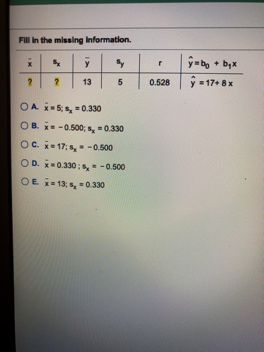 Fill in the missing information.
Sy
y=bo + bx
13
0.528
y = 17+ 8 x
O A. x= 5; s, = 0.330
O B. x= -0.500; s, = 0.330
%3D
O C. x= 17; s, = -0.500
OD. x= 0.330 ; s, = -0.500
O E. x= 13; s, = 0.330
%3D
