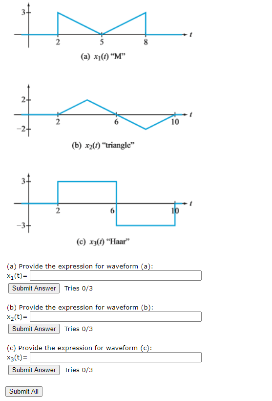 5
8
(a) x1(1) “M"
10
-24
(b) x2(t) “triangle"
10
-34
(c) x3(1) “Haar"
(a) Provide the expression for waveform (a):
X1(t)=|
Submit Answer Tries 0/3
(b) Provide the expression for waveform (b):
X2(t)=
Submit Answer Tries 0/3
(c) Provide the expression for waveform (c):
X3(t)=
Submit Answer Tries 0/3
Submit All
2.
