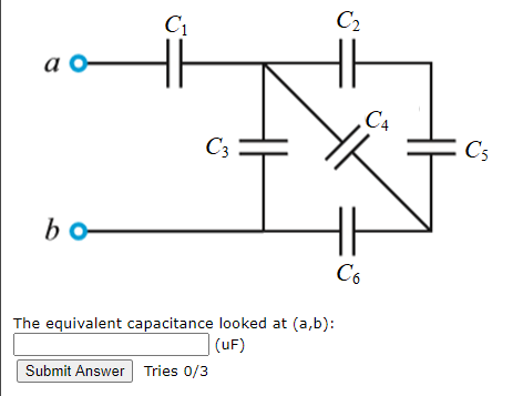 C2
C1
a -
C4
C5
C3
bo
-
C6
The equivalent capacitance looked at (a,b):
|(uF)
Submit Answer Tries 0/3
