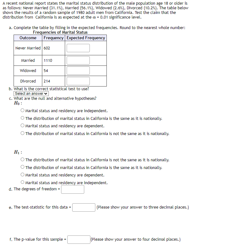 A recent national report states the marital status distribution of the male population age 18 or older is
as follows: Never Married (31.1%), Married (56.1%), Widowed (2.6 %), Divorced (10.2 % ) . The table below
shows the results of a random sample of 1980 adult men from California. Test the claim that the
distribution from California is as expected at the ax = 0.01 significance level.
a. Complete the table by filling in the expected frequencies. Round to the nearest whole number:
Frequencies of Marital Status
Outcome Frequency Expected Frequency
Never Married 602
Married 1110
Widowed 54
Divorced 214
b. What is the correct statistical test to use?
Select an answer
c. What are the null and alternative hypotheses?
Ho:
Marital status and residency are independent.
The distribution of marital status in California is the same as it is nationally.
Marital status and residency are dependent.
The distribution of marital status in California is not the same as it is nationally.
H₁:
The distribution of marital status in California is not the same as it is nationally.
The distribution of marital status in California is the same as it is nationally.
Marital status and residency are dependent.
O Marital status and residency are independent.
d. The degrees of freedom =
e. The test-statistic for this data =
f. The p-value for this sample=
(Please show your answer to three decimal places.)
(Please show your answer to four decimal places.)