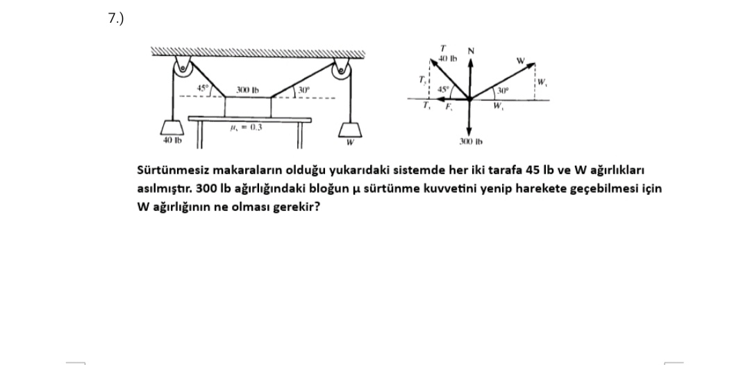 7.)
40 lb
300 lb
H,-0.3
30
W
T
40 lb
45°
N
300 lb
30°
W,
W
W.
Sürtünmesiz makaraların olduğu yukarıdaki sistemde her iki tarafa 45 lb ve W ağırlıkları
asılmıştır. 300 lb ağırlığındaki bloğun μ sürtünme kuvvetini yenip harekete geçebilmesi için
W ağırlığının ne olması gerekir?