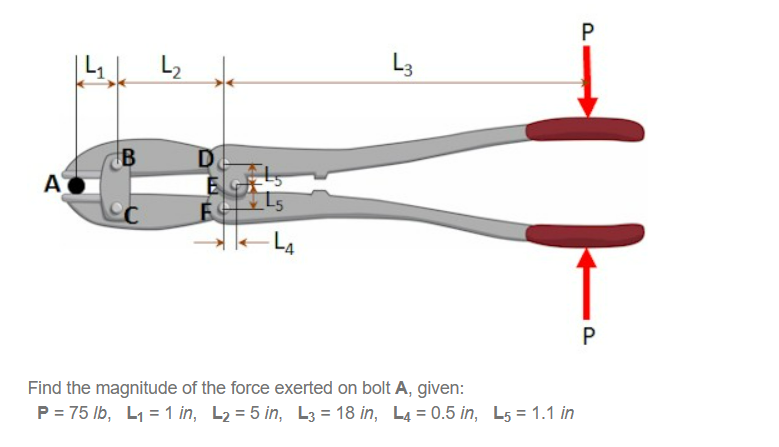 A
4₁,4
B
L₂
D
E
L3
Find the magnitude of the force exerted on bolt A, given:
P = 75 lb, L₁=1 in, L₂=5 in, L3 = 18 in, L4 = 0.5 in, L5 = 1.1 in
P
P