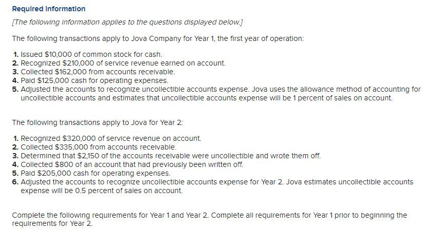 Required Information
[The following information applies to the questions displayed below.]
The following transactions apply to Jova Company for Year 1, the first year of operation:
1. Issued $10,000 of common stock for cash.
2. Recognized $210,000 of service revenue earned on account.
3. Collected $162,000 from accounts receivable.
4. Paid $125,000 cash for operating expenses.
5. Adjusted the accounts to recognize uncollectible accounts expense. Jova uses the allowance method of accounting for
uncollectible accounts and estimates that uncollectible accounts expense will be 1 percent of sales on account.
The following transactions apply to Jova for Year 2:
1. Recognized $320,000 of service revenue on account.
2. Collected $335,000 from accounts receivable.
3. Determined that $2,150 of the accounts receivable were uncollectible and wrote them off.
4. Collected $800 of an account that had previously been written off.
5. Paid $205,000 cash for operating expenses.
6. Adjusted the accounts to recognize uncollectible accounts expense for Year 2. Jova estimates uncollectible accounts
expense will be 0.5 percent of sales on account.
Complete the following requirements for Year 1 and Year 2. Complete all requirements for Year 1 prior to beginning the
requirements for Year 2.