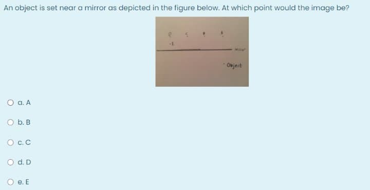 An object is set near a mirror as depicted in the figure below. At which point would the image be?
Mie
Owject
O a. A
O b. B
O c. C
O d. D
O e. E
