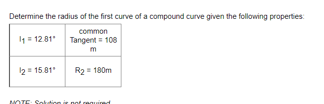 Determine the radius of the first curve of a compound curve given the following properties:
common
Tangent = 108
m
11 = 12.81°
12 = 15.81°
R2 = 180m
NOTE: Solution is not required