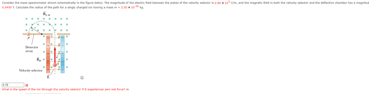 Consider the mass spectrometer shown schematically in the figure below. The magnitude of the electric field between the plates of the velocity selector is 2.80 x 10³ V/m, and the magnetic field in both the velocity selector and the deflection chamber has a magnitud
0.0450 T. Calculate the radius of the path for a singly charged ion having a mass m = 2.00 x 10-26 kg.
X
X
*
P
Bo, in
* x * * *
*
r
X
x
Detector
array
in
Velocity selector
x
x
X
x
*
X
x
+
+
E
X
x
x
X
x
100
XI X
X x
+9
X X
X
X
x
x
x
*
X
x
X
0.19
X
What is the speed of the ion through the velocity selector if it experiences zero net force? m