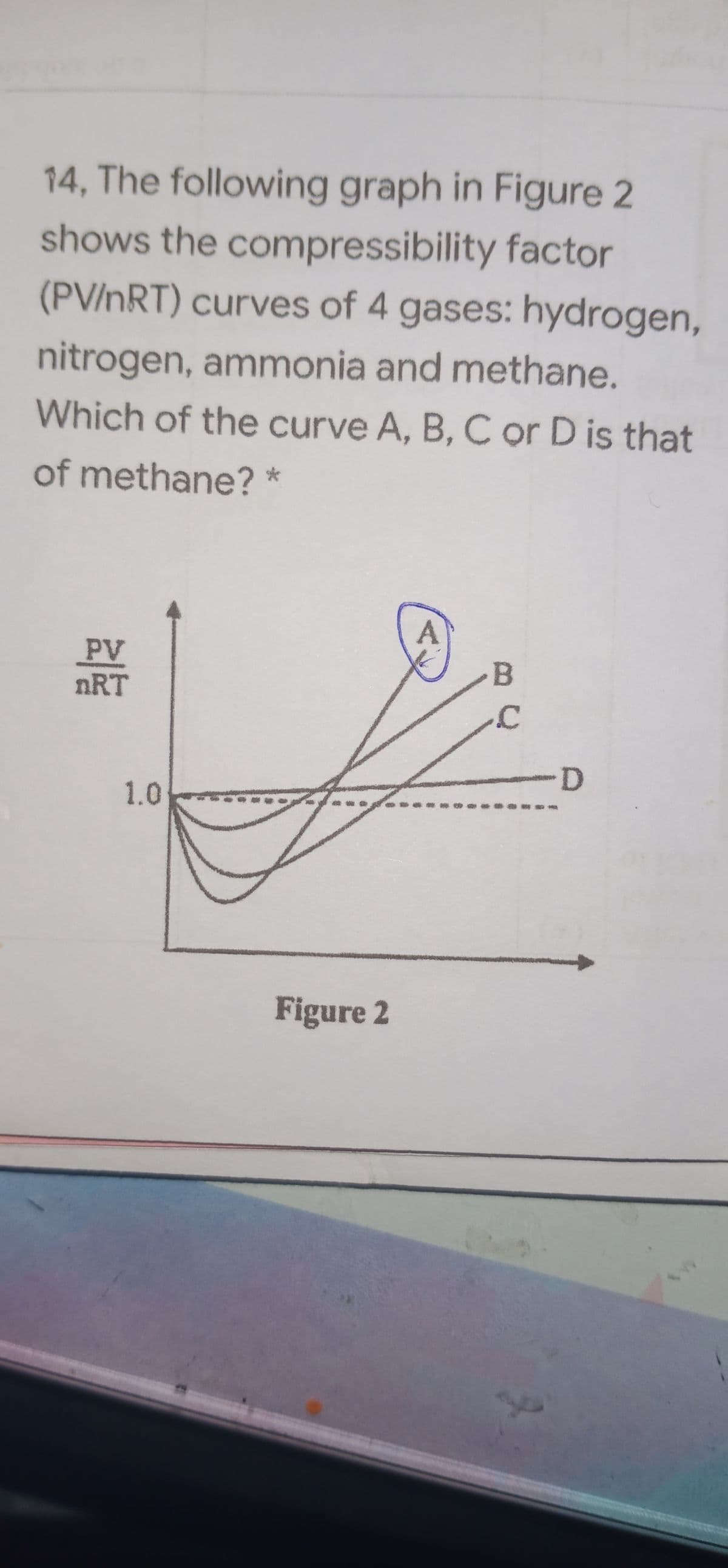 14, The following graph in Figure 2
shows the compressibility factor
(PV/nRT) curves of 4 gases: hydrogen,
nitrogen, ammonia and methane.
Which of the curve A, B, Cor D is that
of methane? *
PV
nRT
-D
1.0
Figure 2
