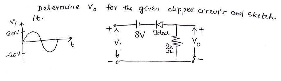 Determine V.
for the given
cipper cireuI't an sketeh
it.
个十
Vo
20v
8V Ideal
-20V
