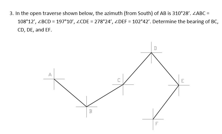 3. In the open traverse shown below, the azimuth (from South) of AB is 310°28'. ZABC =
108°12', ZBCD = 197°10', ZCDE = 278°24', ZDEF = 102°42'. Determine the bearing of BC,
CD, DE, and EF.
A
B
F
E