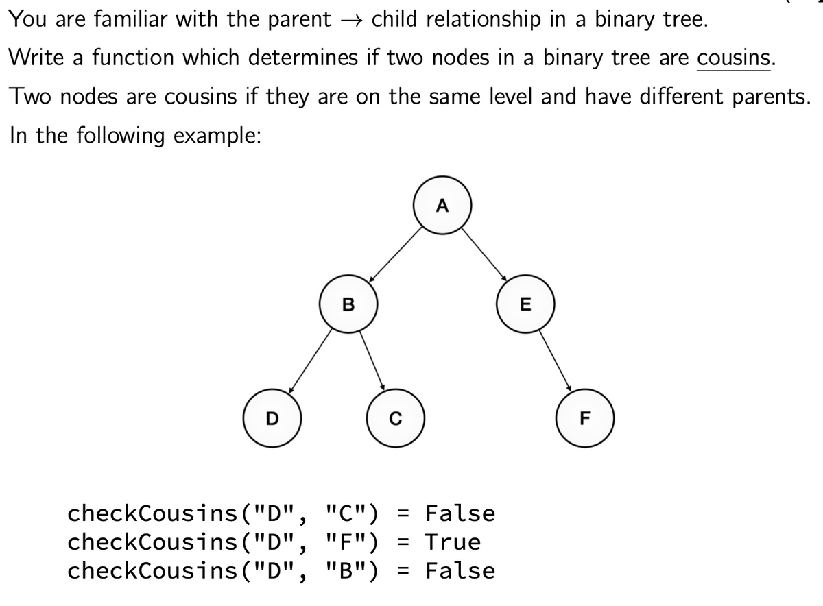 You are familiar with the parent → child relationship in a binary tree.
Write a function which determines if two nodes in a binary tree are cousins.
Two nodes are cousins if they are on the same level and have different parents.
In the following example:
D
B
с
A
checkCousins ("D", "C") = False
checkCousins ("D", "F") = True
checkCousins ("D", "B") = False
E
F