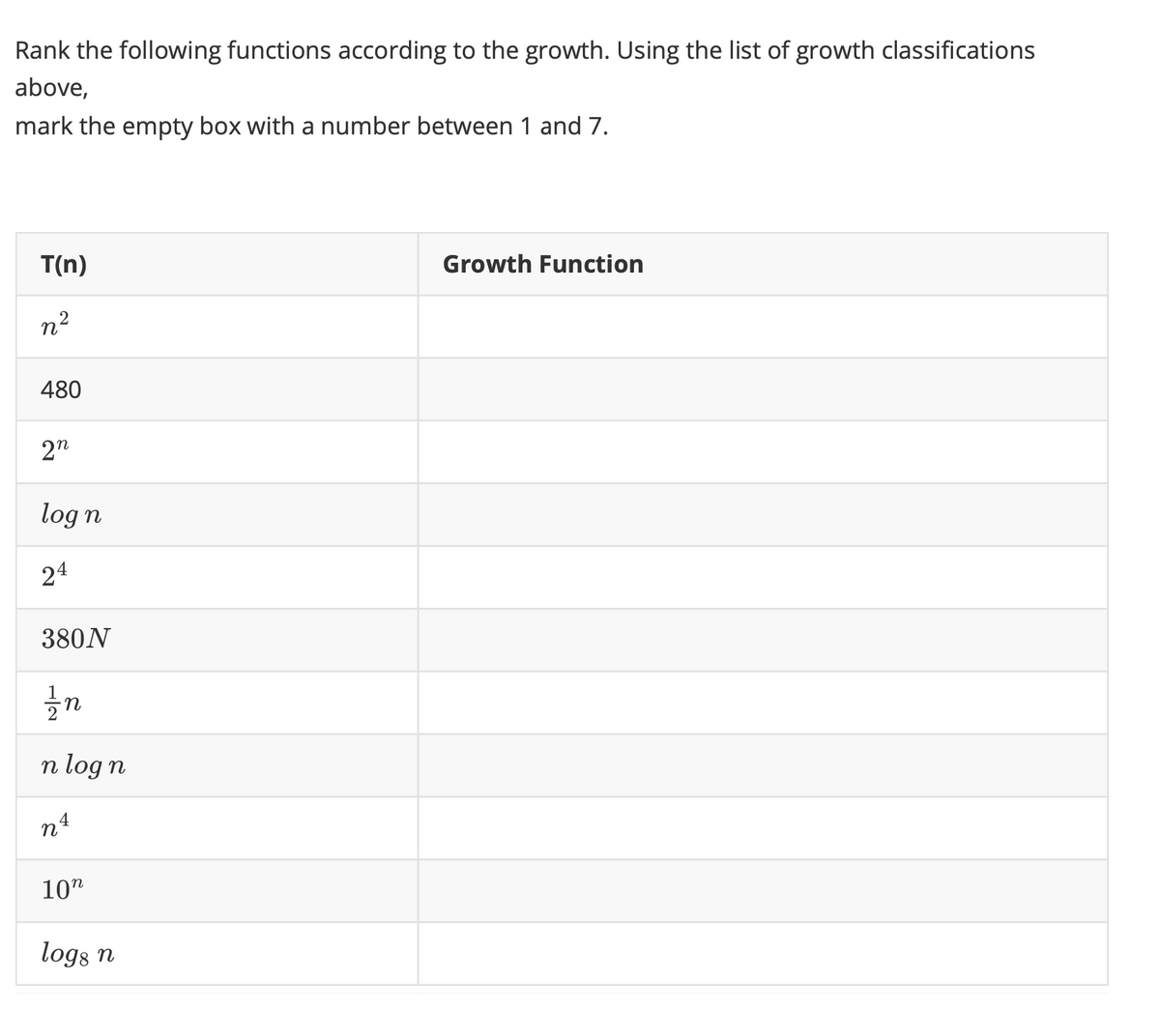 Rank the following functions according to the growth. Using the list of growth classifications
above,
mark the empty box with a number between 1 and 7.
T(n)
n²
480
2n
log n
24
380N
1/2 n
n log n
n4
10n
logs n
Growth Function