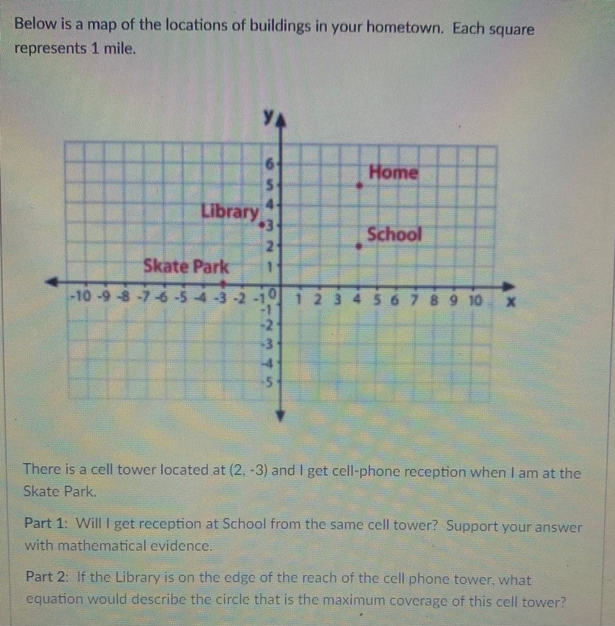 Below is a map of the locations of buildings in your hometown. Each square
represents 1 mile.
YA
Home
Library
+3
School
Skate Park
-10-9-8-7-6-543210
1234 56789 10
There is a cell tower located at (2, -3) andI get cell-phone reception when I am at the
Skate Park.
Part 1: WillI get reception at School from the same cell tower? Support youur answer
with mathematical evidence.
Part 2: If the Library is on the edge of the reach of the cell phone tower, what
equation would describe the circle that is the maximum coverage of this cell tower?
