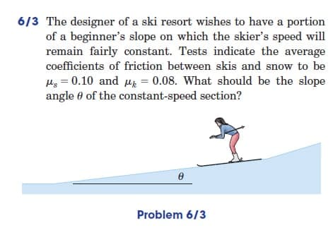 6/3 The designer of a ski resort wishes to have a portion
of a beginner's slope on which the skier's speed will
remain fairly constant. Tests indicate the average
coefficients of friction between skis and snow to be
μ = 0.10 and μ = 0.08. What should be the slope
angle of the constant-speed section?
Ө
Problem 6/3