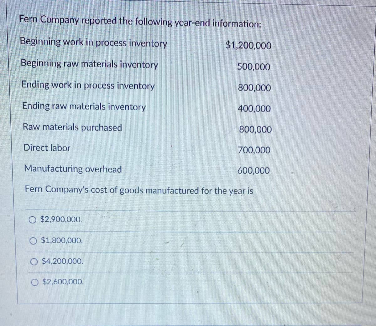 Fern Company reported the following year-end information:
Beginning work in process inventory
$1,200,000
Beginning raw materials inventory
500,000
Ending work in process inventory
800,000
Ending raw materials inventory
400,000
Raw materials purchased
800,000
Direct labor
700,000
Manufacturing overhead
600,000
Fern Company's cost of goods manufactured for the year is
$2,900,000.
O $1,800,000.
O $4,200,000.
$2,600,000.
