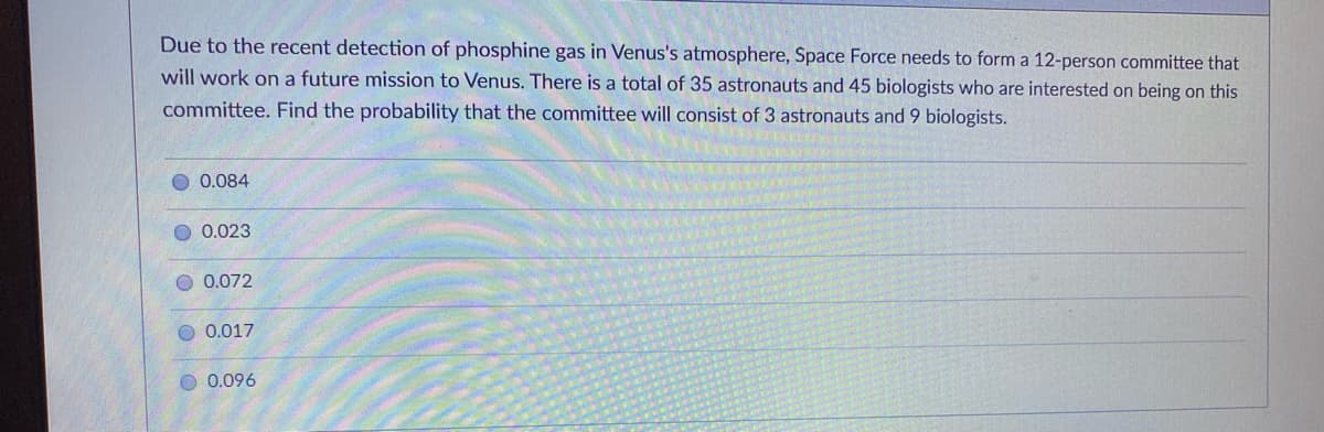 **Problem Statement:**

Due to the recent detection of phosphine gas in Venus's atmosphere, Space Force needs to form a 12-person committee that will work on a future mission to Venus. There is a total of 35 astronauts and 45 biologists who are interested in being on this committee. Find the probability that the committee will consist of 3 astronauts and 9 biologists.

**Options:**

- 0.084
- 0.023
- 0.072
- 0.017
- 0.096