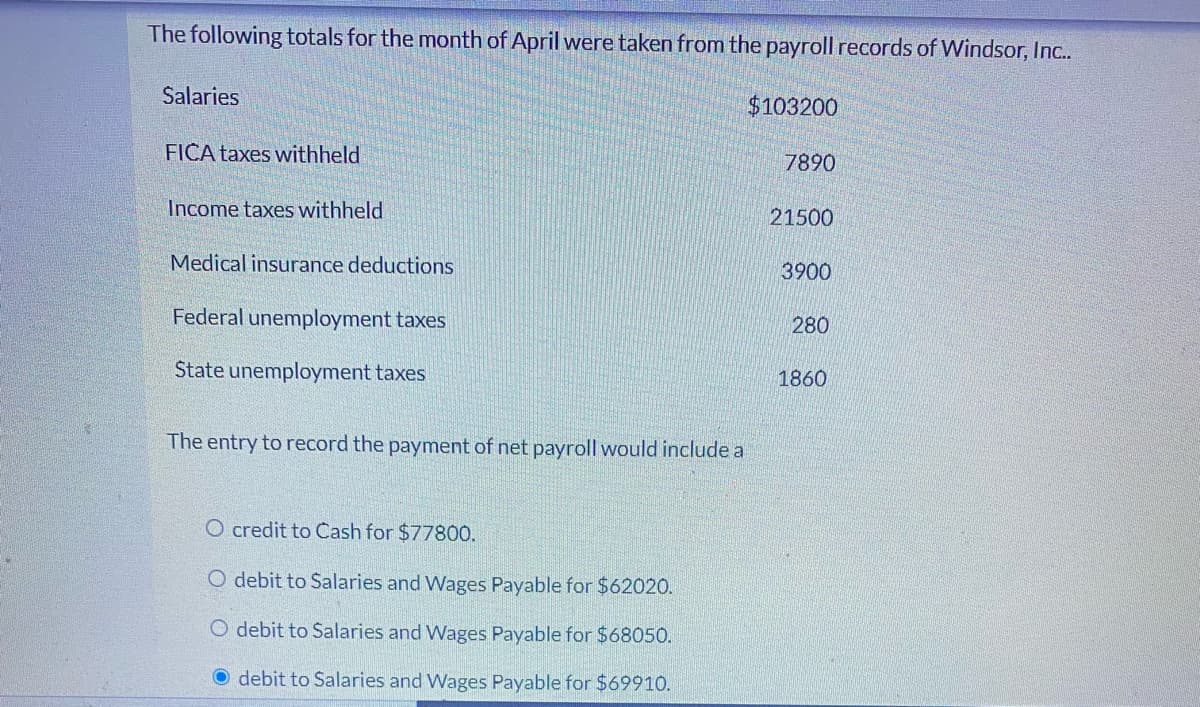 The following totals for the month of April were taken from the payroll records of Windsor, Inc.
Salaries
$103200
FICA taxes withheld
7890
Income taxes withheld
21500
Medical insurance deductions
3900
Federal unemployment taxes
280
Štate unemployment taxes
1860
The entry to record the payment of net payroll would include a
O credit to Cash for $77800.
O debit to Salaries and Wages Payable for $62020.
O debit to Salaries and Wages Payable for $68050.
O debit to Salaries and Wages Payable for $69910.
