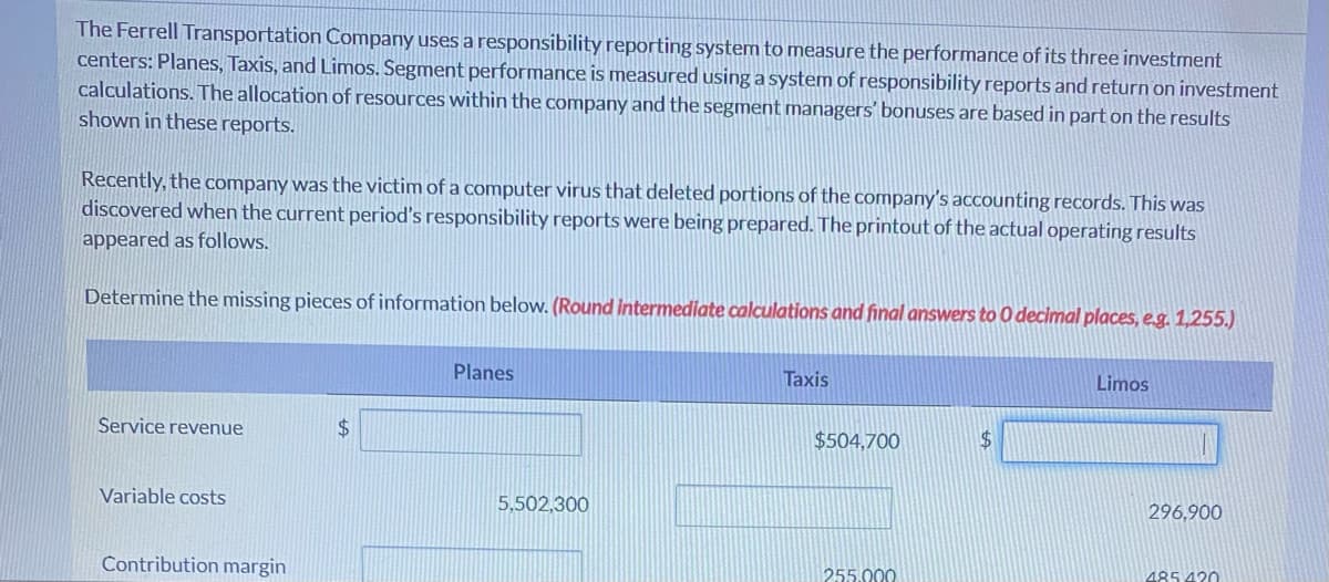 The Ferrell Transportation Company uses a responsibility reporting system to measure the performance of its three investment
centers: Planes, Taxis, and Limos. Segment performance is measured usinga system of responsibility reports and return on investment
calculations. The allocation of resources within the company and the segment managers' bonuses are based in part on the results
shown in these reports.
Recently, the company was the victim of a computer virus that deleted portions of the company's accounting records. This was
discovered when the current period's responsibility reports were being prepared. The printout of the actual operating results
appeared as follows.
Determine the missing pieces of information below. (Round intermediate calculations and final answers to 0 decimal places, eg. 1,255.)
Planes
Taxis
Limos
Service revenue
24
$504,700
$4
Variable costs
5,502,300
296,900
Contribution margin
255.000
485 420
