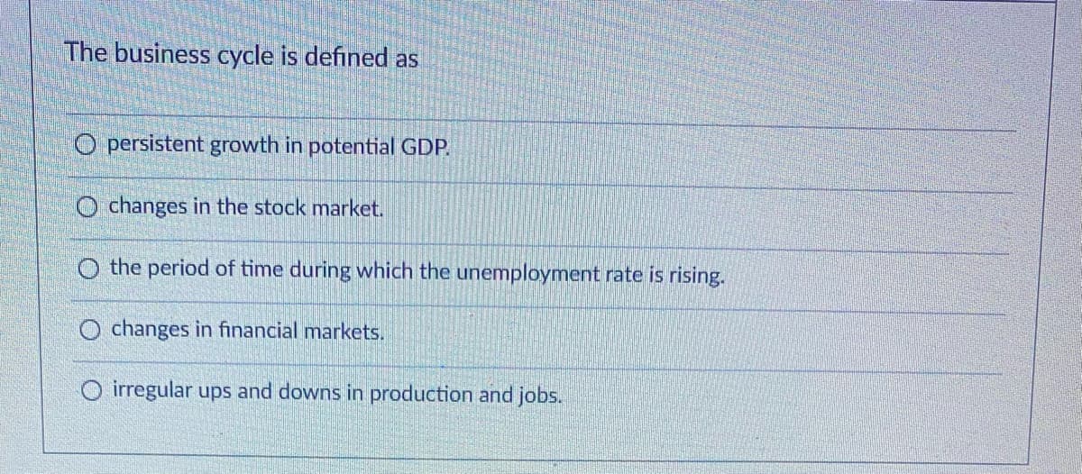 The business cycle is defined as
O persistent growth in potential GDP.
O changes in the stock market.
O the period of time during which the unemployment rate is rising.
O changes in financial markets.
O irregular ups and downs in production and jobs.
