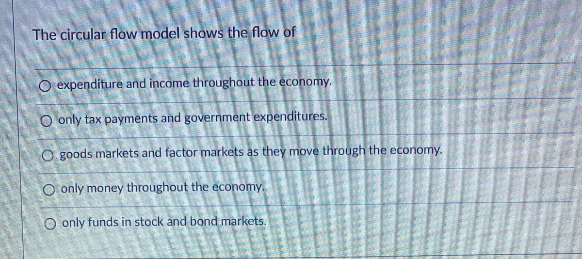 The circular flow model shows the flow of
O expenditure and income throughout the economy.
O only tax payments and government expenditures.
O goods markets and factor markets as they move through the economy.
O only money throughout the economy.
O only funds in stock and bond markets.
