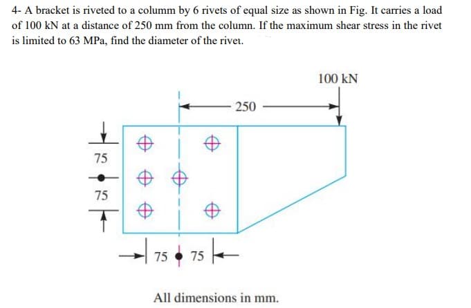 4- A bracket is riveted to a columm by 6 rivets of equal size as shown in Fig. It carries a load
of 100 kN at a distance of 250 mm from the column. If the maximum shear stress in the rivet
is limited to 63 MPa, find the diameter of the rivet.
100 kN
250
75
75
75 e
75
All dimensions in mm.
