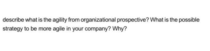 describe what is the agility from organizational prospective? What is the possible
strategy to be more agile in your company? Why?
