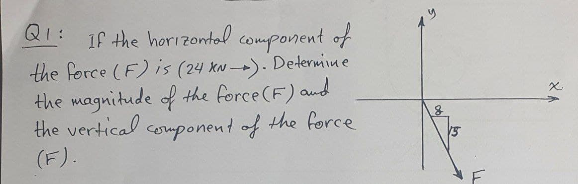 Q1:
If the horizontal component of
the force (F) is (24 XN). Determiue
the magnitude of the force (F) and
the vertical component of the force
(F).

