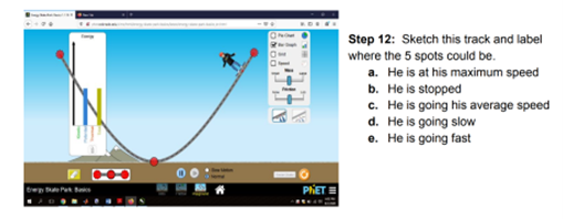 PHET
Step 12: Sketch this track and label
where the 5 spots could be.
a. He is at his maximum speed
b. He is stopped
c. He is going his average speed
He is going slow
e. He is going fast
d.