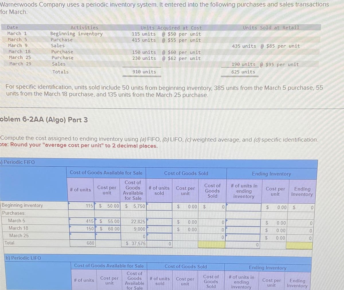 Warnerwoods Company uses a periodic inventory system. It entered into the following purchases and sales transactions
for March.
Date
March 1
March 5
March 9
March 18
March 25
March 29
) Periodic FIFO
Beginning inventory
Purchases.
March 5
March 18
March 25
Activities
Beginning inventory
Purchase
Sales
Total
Purchase
Purchase
Sales
Totals
b) Periodic LIFO
For specific identification, units sold include 50 units from beginning inventory, 385 units from the March 5 purchase, 55
units from the March 18 purchase, and 135 units from the March 25 purchase.
# of units
oblem 6-2AA (Algo) Part 3
Compute the cost assigned to ending inventory using (a) FIFO, (b) LIFO, (c) weighted average, and (d) specific identification.
ote: Round your "average cost per unit" to 2 decimal places.
Cost of Goods Available for Sale
Cost of
Goods
Available
for Sale
$ 5,750
115 $
Cost per
unit
680
415 $ 55.00
150 $ 60.00
Units Acquired at Cost
115 units
$50 per unit
@$55 per unit
415 units
50.00
# of units
150 units
230 units
910 units
Cost per
unit
Cost of Goods Available for Sale
Cost of
Goods
Available
for Sale
@$60 per unit
@ $62 per unit
22,825
9,000
0
$ 37,575
Cost of Goods Sold
# of units
sold
0
Cost per
unit
# of units
sold
$
EA
0.00 $
$ 0.00
$
0.00
Cost of
Goods
Sold
Cost of Goods Sold
Cost per
unit
Cost of
Goods
Sold
Units Sold at Retail
0
435 units @ $85 per unit
0
0
0
190 units @ $95 per unit
625 units
Ending Inventory
# of units in
ending
inventory
Cost per
unit
# of units in
ending
inventory
$
0.00
$
0.00
$ 0.00
EA EA
$ 0.00
Ending Inventory
Cost per
unit
Ending
Inventory
$
Ending
Inventory
0
0
0
0