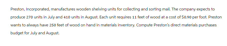 Preston, Incorporated, manufactures wooden shelving units for collecting and sorting mail. The company expects to
produce 270 units in July and 410 units in August. Each unit requires 11 feet of wood at a cost of $0.90 per foot. Preston
wants to always have 250 feet of wood on hand in materials inventory. Compute Preston's direct materials purchases
budget for July and August.