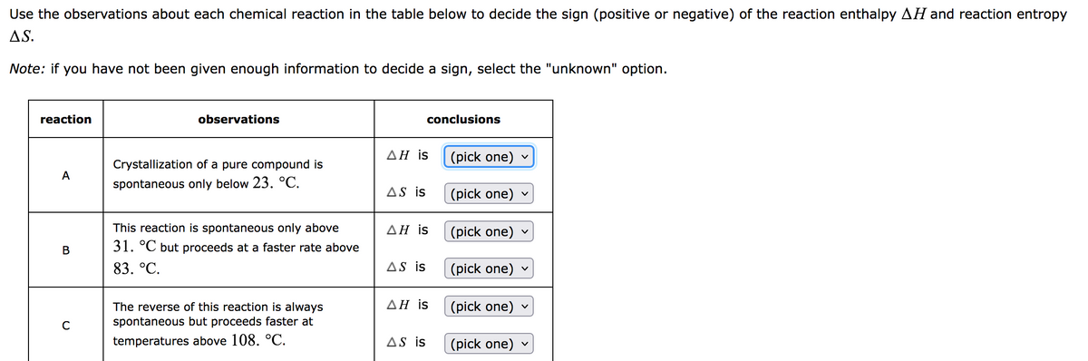 Use the observations about each chemical reaction in the table below to decide the sign (positive or negative) of the reaction enthalpy AH and reaction entropy
AS.
Note: if you have not been given enough information to decide a sign, select the "unknown" option.
reaction
A
B
с
observations
Crystallization of a pure compound is
spontaneous only below 23. °C.
This reaction is spontaneous only above
31. °C but proceeds at a faster rate above
83. °C.
The reverse of this reaction is always
spontaneous but proceeds faster at
temperatures above 108. °C.
AH is
AS is
AH is
AS is
conclusions
ΔΗ is
AS is
(pick one)
(pick one)
(pick one)
(pick one)
(pick one)
(pick one)
V