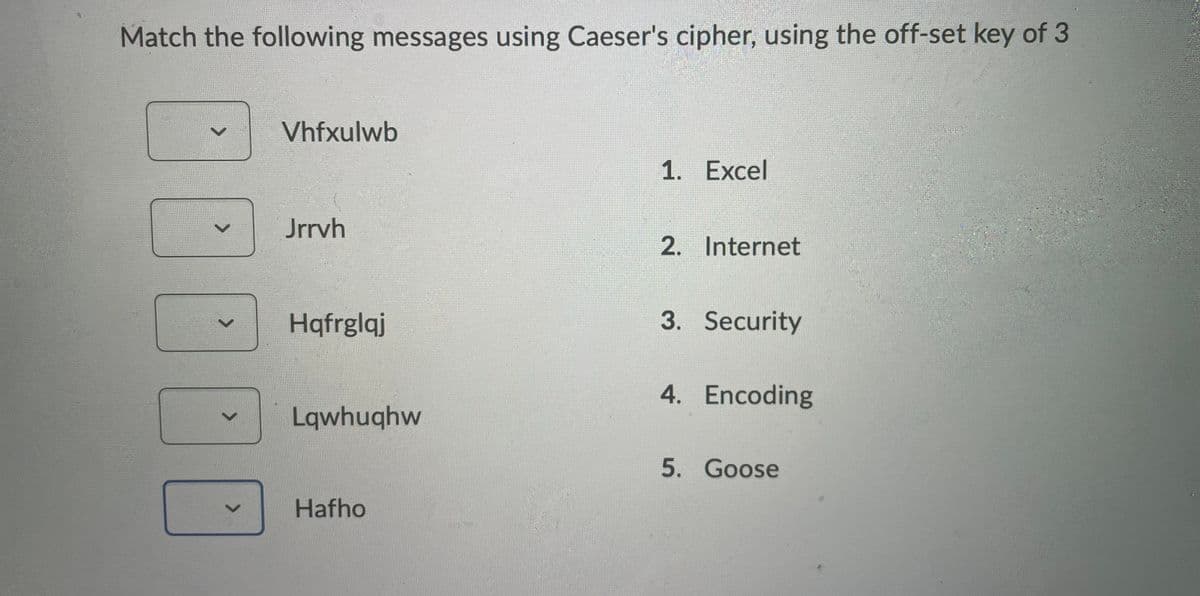 Match the following messages using Caeser's cipher, using the off-set key of 3
>
V
>
Vhfxulwb
Jrrvh
Hqfrglaj
Lqwhuqhw
Hafho
1. Excel
2. Internet
3. Security
4. Encoding
5. Goose