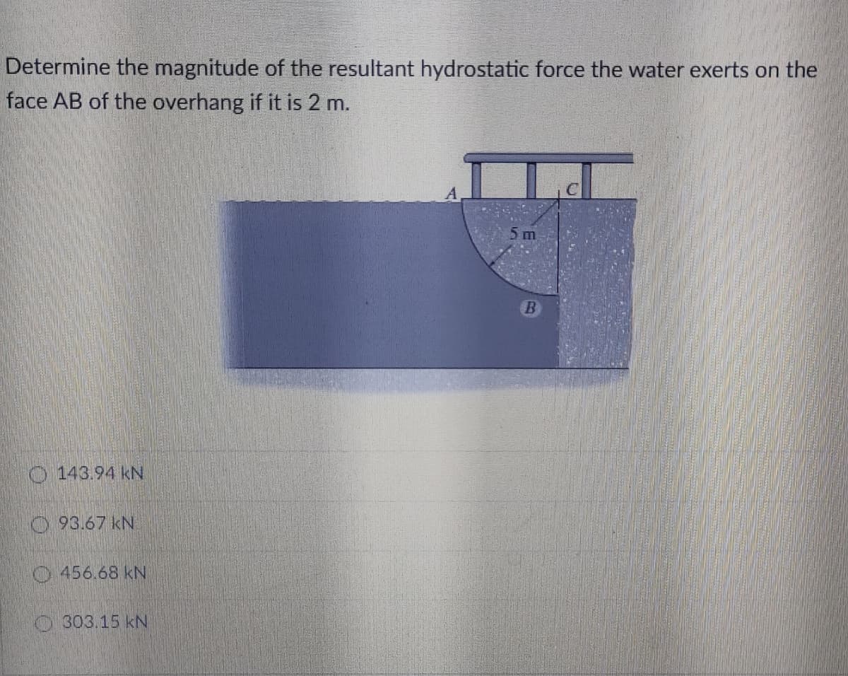 Determine the magnitude of the resultant hydrostatic force the water exerts on the
face AB of the overhang if it is 2 m.
B.
143.94 kN
93.67 kN
456.68 kN
O303.15 kN
